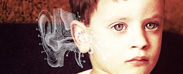 A child and a diagram of the anatomy of his ear drawn next to him 