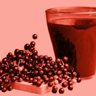 sepia edit of a cup of black elderberry syrup placed beside some elderberries on a wooden board