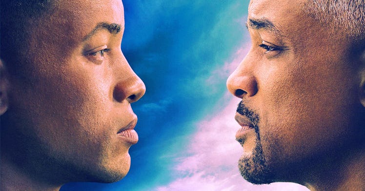 Collage of two faces of Will Smith looking at each other in "Gemini Man"