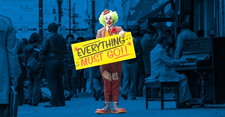The Joker standing in a busy street holding a highlighted sign: "Everything Must Go"