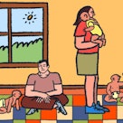 Illustration of parents taking care of babies in a crowded living room