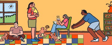 Illustration of parents taking care of babies in a crowded living room