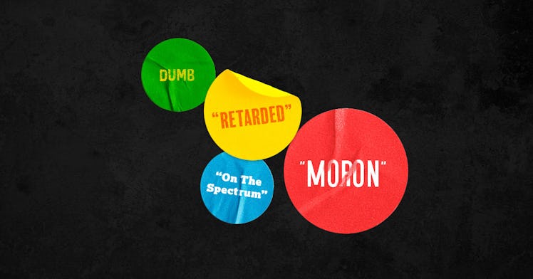 red, green, yellow and blue stickers against a black background showing offensive old labels for neu...