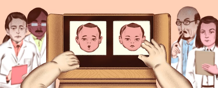 Illustration of a baby taking an IQ test, being watched by professionals.