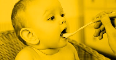 infant being fed baby probiotics with yellow shading edit