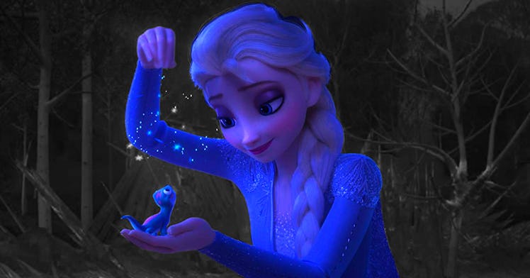 Elsa from Frozen 2 sprinkling magic dust on a small blue lizard