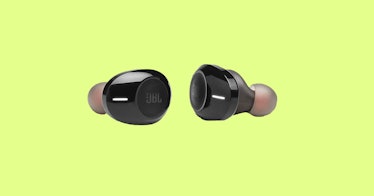 Black JBL Tune T120TWS True Wireless Earbuds on a yellow background