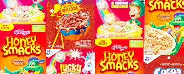 A collage of various kinds of breakfast cereals including Cocoa Puffs