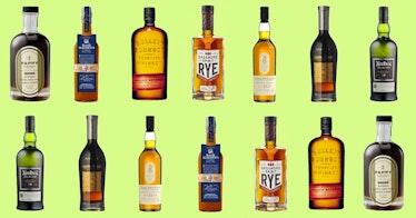 two rows of gifts for whiskey lovers against a chartreuse background
