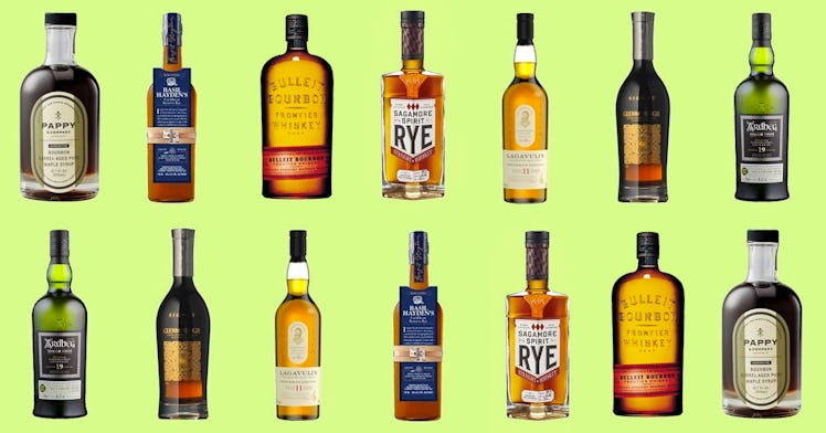 two rows of gifts for whiskey lovers against a chartreuse background