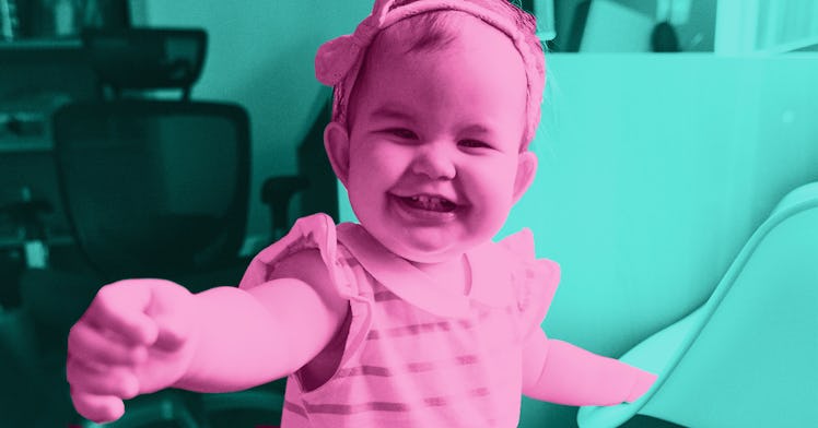 pink edit of one year old girl in striped shirt and bow headband laughing at dad's new years