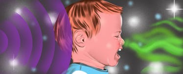 illustration of a young child crying, in profile, surrounded by multicolored waves representing sens...