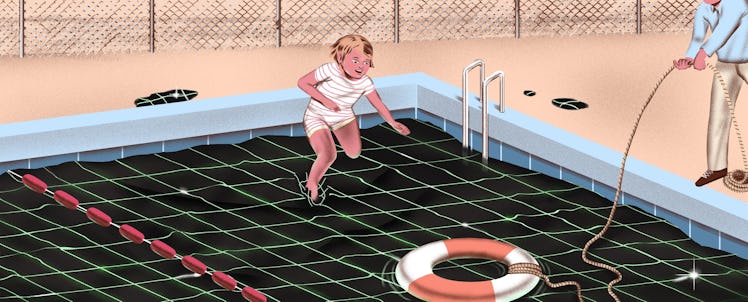 An illustration of a girl jumping into a swimming pool that represents the internet