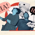 Collage of man and woman lying on back laughing.
