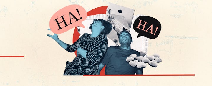 Collage of man and woman lying on back laughing.