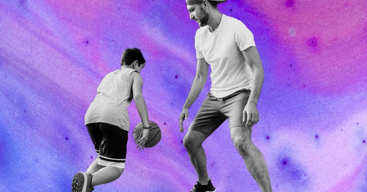 a dad and his son playing basketball together in front of a tie dye purple and blue background
