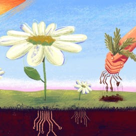 An illustration of flowers weeds in the ground with a man leaning down and tearing out the weeds