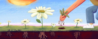 An illustration of flowers weeds in the ground with a man leaning down and tearing out the weeds