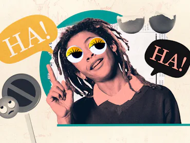 photo collage with cartoon eyes telling a joke framed by speech bubbles saying HA!