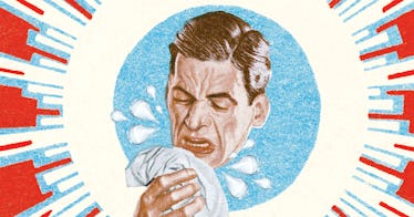 Man sneezing loudly into his handkerchief.