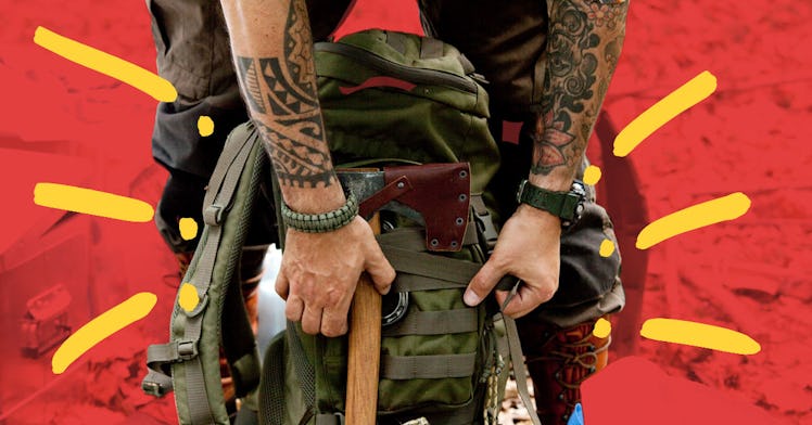 survival expert Les Stroud checks the contents of his emergency bug-out bag against a red and yellow...