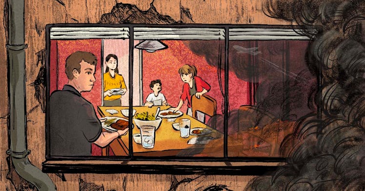 A drawing of a family having a meal through the window in a war zone