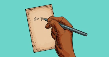 illustration of a mans hand writing a love note after a big fight