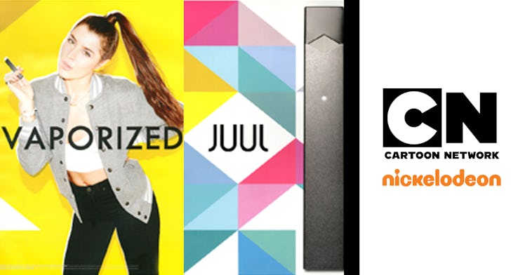 Nickelodeon and Cartoon Network logos next to a vaporized JUUL ad