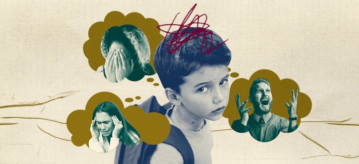 A child with thought bubbles depicting parentification and his parents leaning on their child for em...
