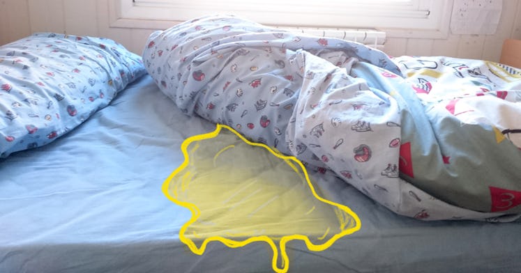 cartoon overlaid photo edit of bed covers pulled back to reveal a bright yellow pee on mattress - bu...