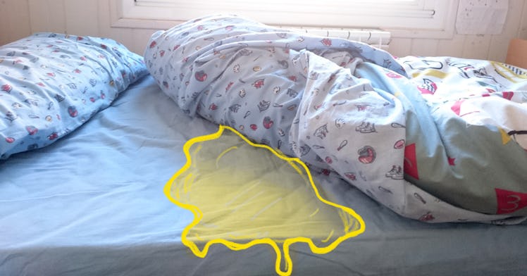 cartoon overlaid photo edit of bed covers pulled back to reveal a bright yellow pee on mattress - bu...