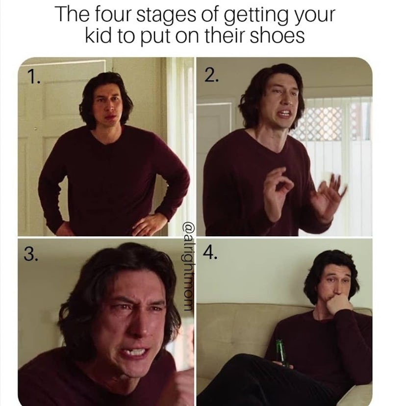The four stages of getting your kid to put on their shoes - Adam Driver Kids' Shoes Meme