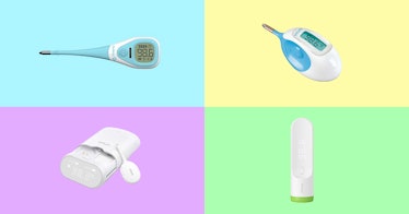 Oral and digital baby thermometers set against a multi-colored background.