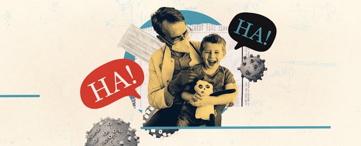 A doctor in a mask laughing with a kid holding a stuffie.