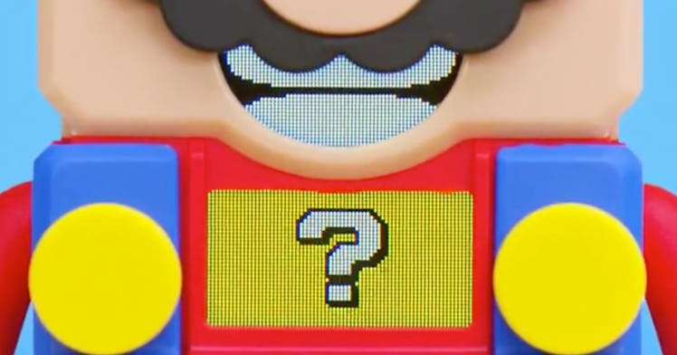 A closeup of Lego Super Mario's smile 