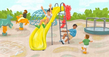 An illustration of four children on a playground using different types of playground installations