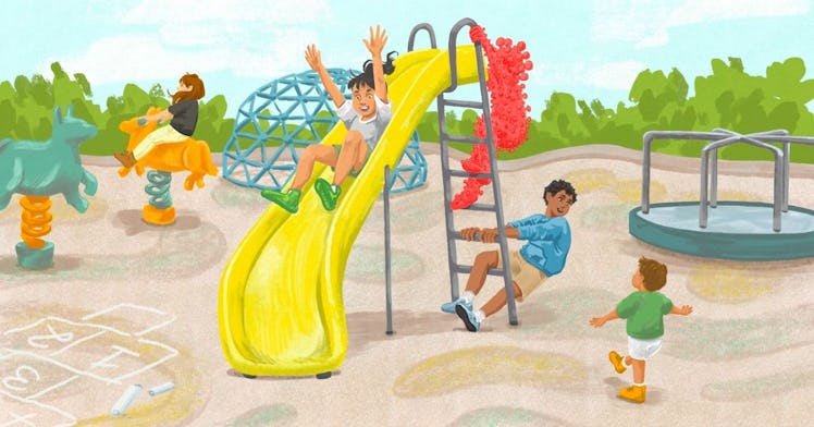 An illustration of four children on a playground using different types of playground installations