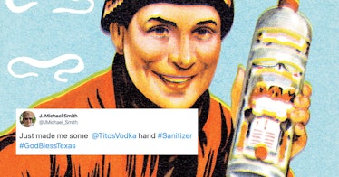 An illustration of a man holding a vodka bottle and a "Just made me some @TitosVodka hand #Sanitizer...