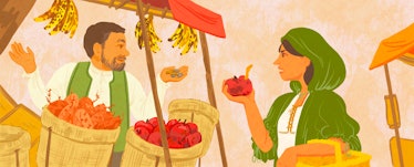 An illustration of a woman buying fruits from a market and talking to a man