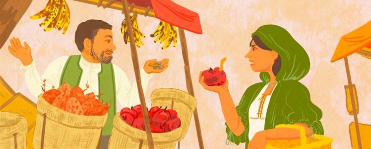 An illustration of a woman buying fruits from a market and talking to a man