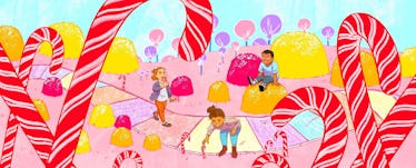 Children playing in fields of candy canes, lollipops and jellies in Candy Land