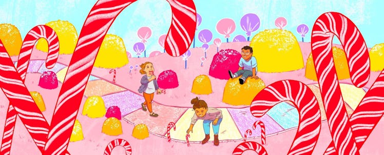 Children playing in fields of candy canes, lollipops and jellies in Candy Land