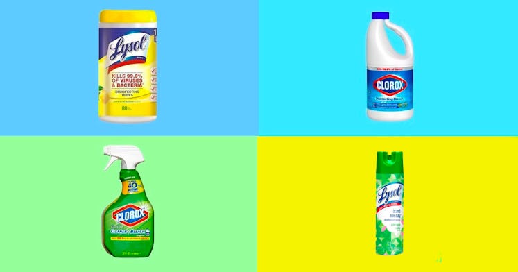 Four different household disinfectant set against a multicolored backdrop