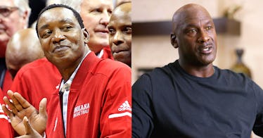 A collage of Michael Jordan's and Isiah Thomas' photos