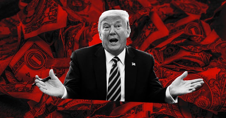 Donald Trump standing with his arms spread out surrounded by red dollar bills
