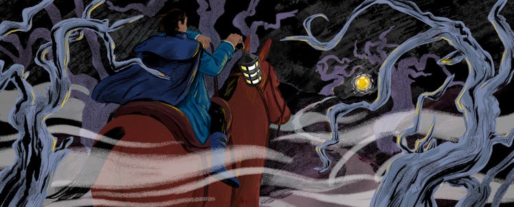A man in a blue cloak holding a lantern and riding a horse through a spooky forest at night