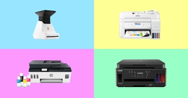 colorful photo grid of four of the best home printers that use cheap ink