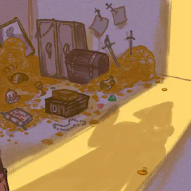 A pirate and his parrot walking to the trashed room with a skull on the right side and a spilled gol...