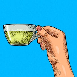 Drawing of a hand holding a cup of tea in the air.