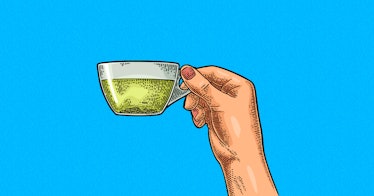 Drawing of a hand holding a cup of tea in the air.